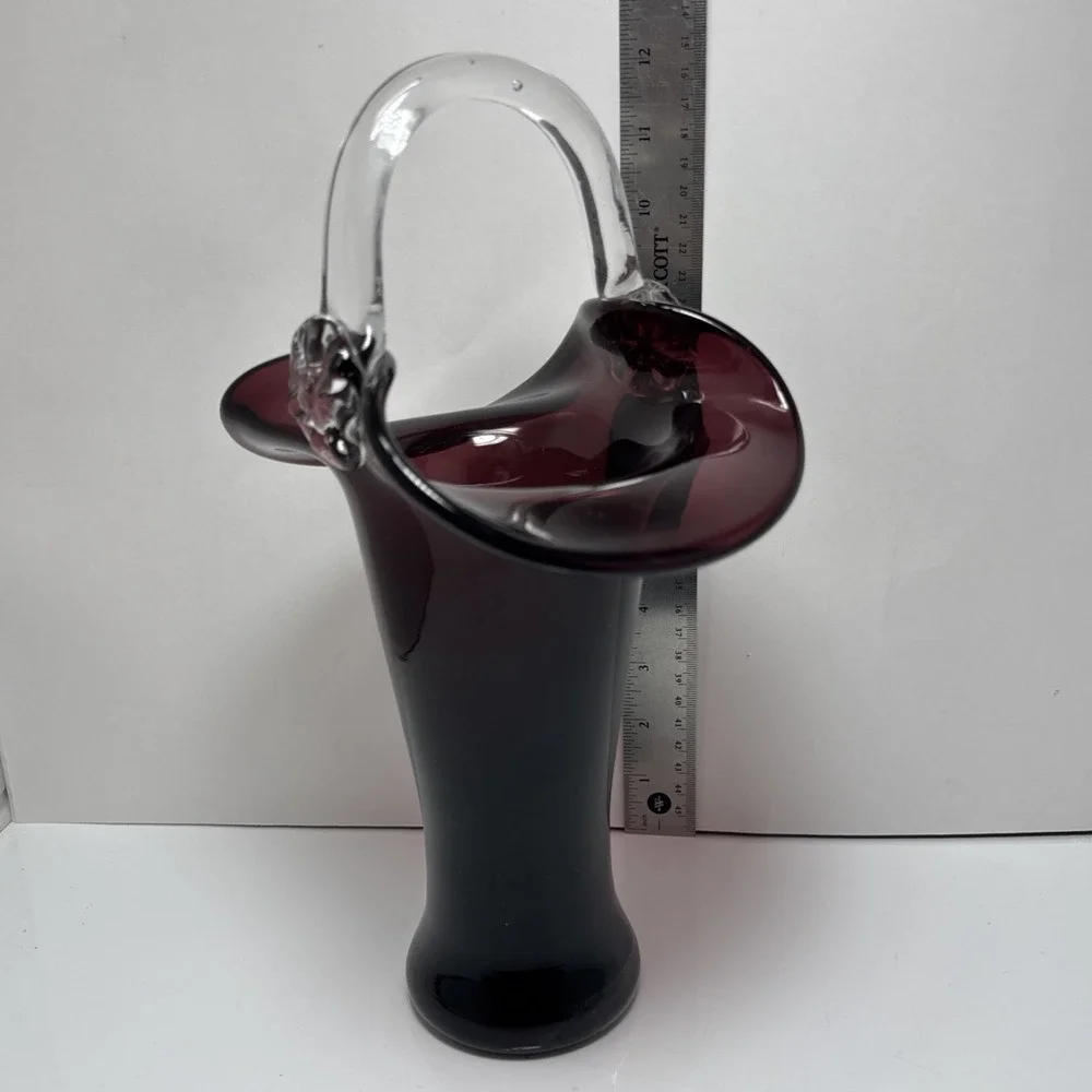 Vintage Purple and Clear Handblown Glass‎ Basket Vase 12 Inches